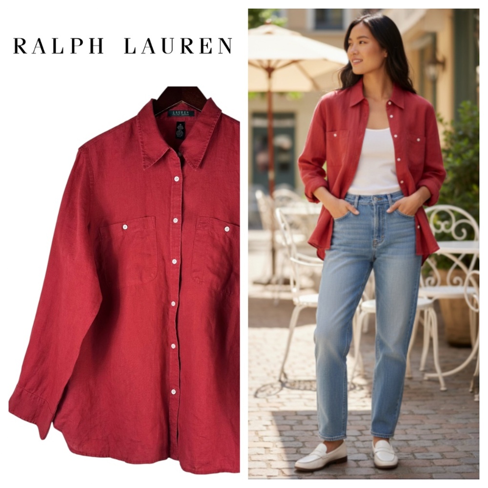Ralph Lauren Shirt Button Down Blouse Top Sz 1X 16 18 Red 100% LINEN Coastal